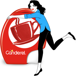 Canderel tablets packshot being hugged by Canderella illustration